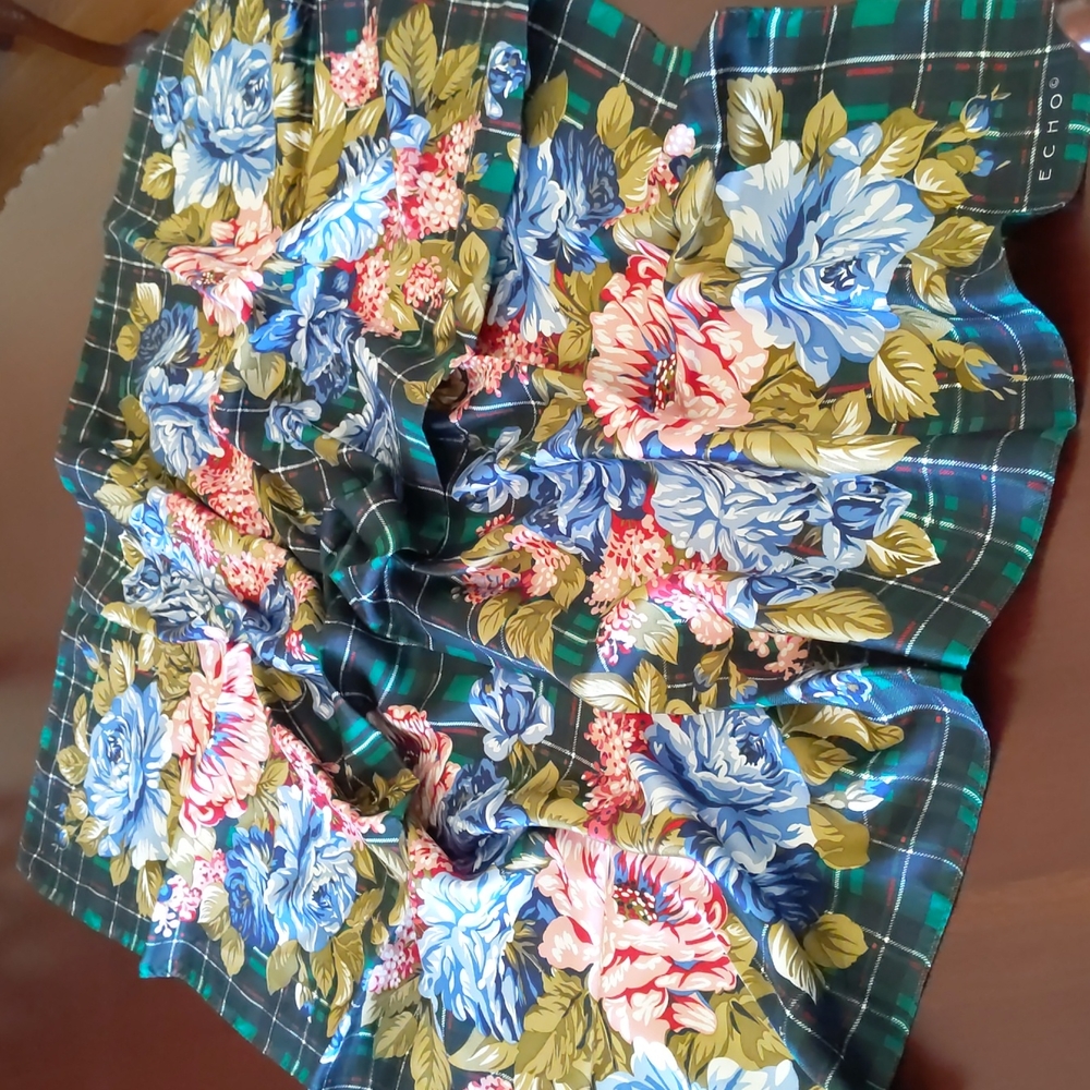 Echo Vintage large silk floral & plaid scarf. Made in Japan